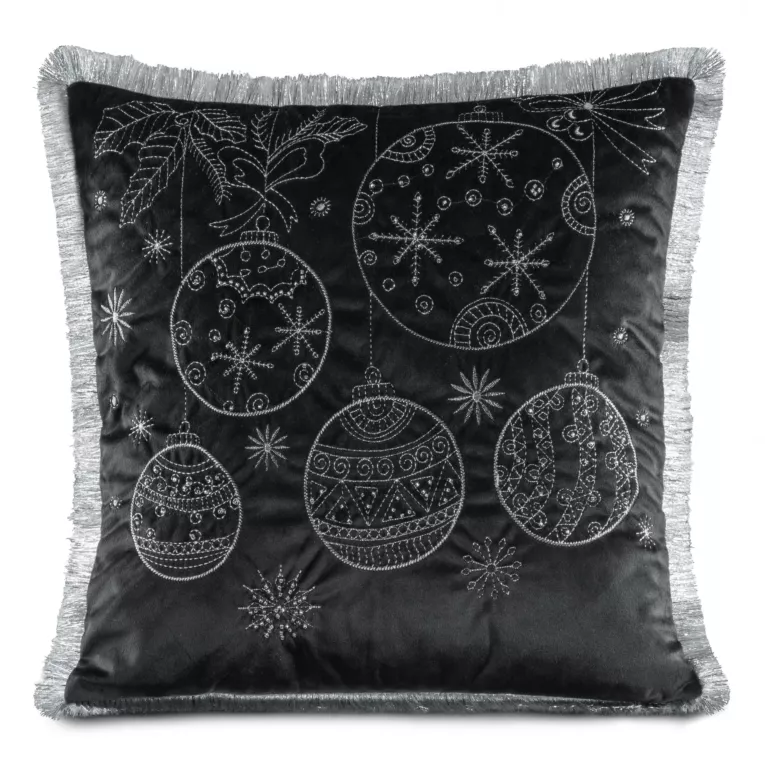Poszewka na poduszkę 45x45 cm czarno, srebrna z haftowanym świątecznym motywem i ozdobnymi frędzlami