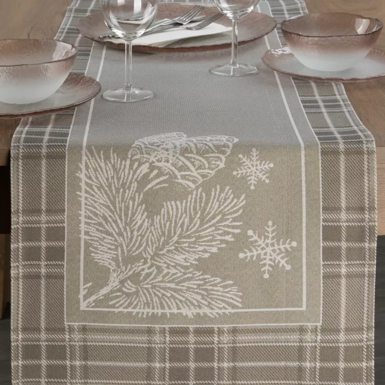 Bieżnik na stół ciemnobeżowy 45x140 cm gobelinowy HOLLY z motywem świątecznym i ozdobną kantą w kratę