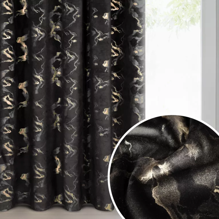 Zasłona czarno, szampańska welwetowa zdobiona błyszczącym nadrukiem 140x270 cm taśma - RAJA
