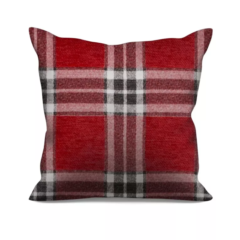 Poszewka szyta bordowo naturalna z grubej, szenilowej tkaniny w elegancką kratę