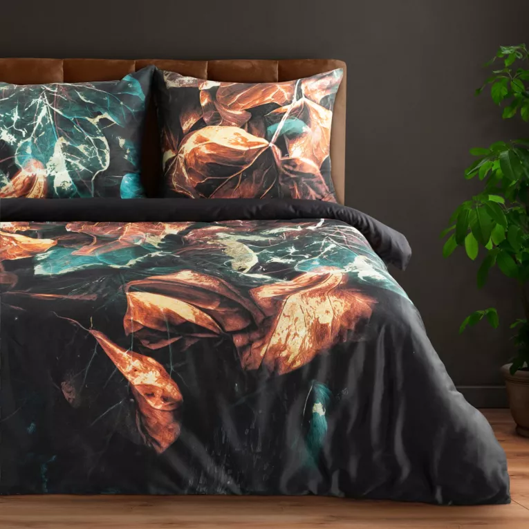 Pościel 220x200 cm z makosatyny bawełnianej kolor czarny, turkusowy z wzorem roślinnym EVA 16 Eva Minge