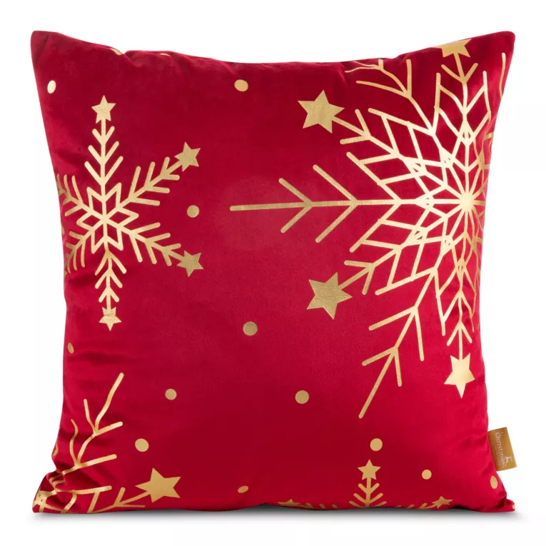 Poszewka na poduszkę świąteczna 45x45 cm welwetowa czerwona zdobiona świątecznym nadrukiem szampańskich śnieżynek