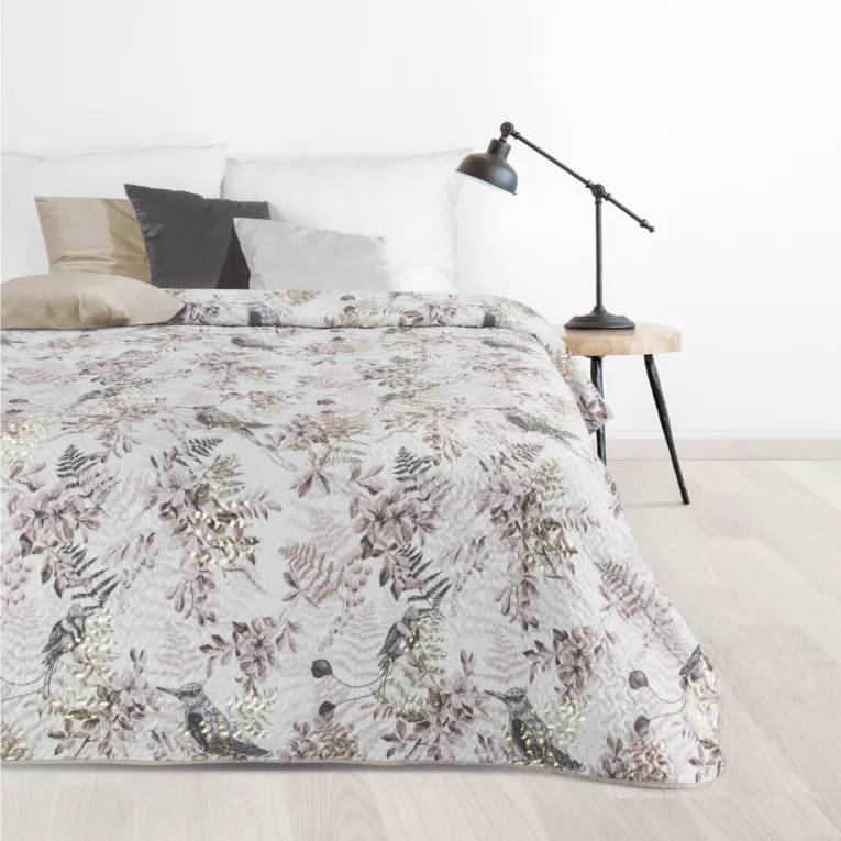 Narzuta biało, beżowa 200x220 cm z nadrukiem z motywem ptaków i gałązek ze złocistymi akcentami POLY Design 91