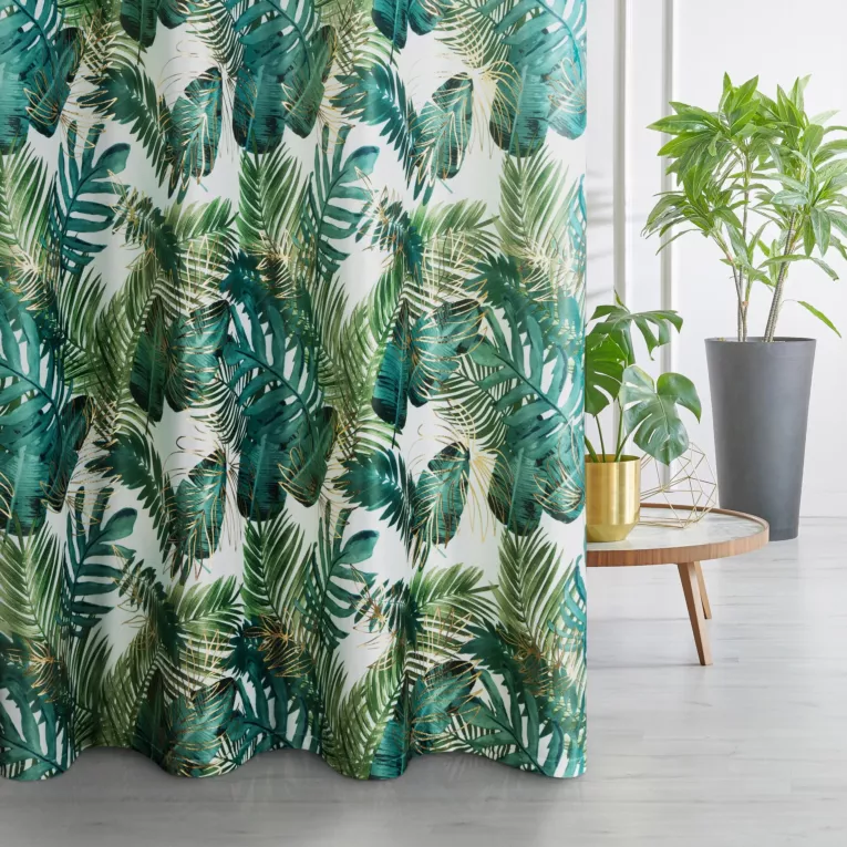 Zasłona welwetowa biało, zielona ze wzorem egzotycznych liści 140x250 cm przelotka - DAVOS