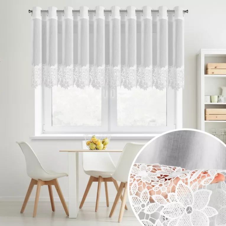 Firana biała z matowej etaminy zdobiona subtelną aplikacja w formie kwiatów 350x145 cm przelotka - ARTEMIDA