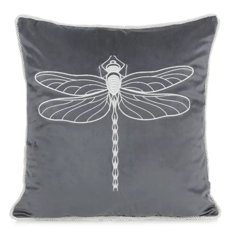 Poszewka na poduszkę 45x45 cm welwetowa, grafitowo srebrna z haftem ważki oraz ozdobnym sznurem