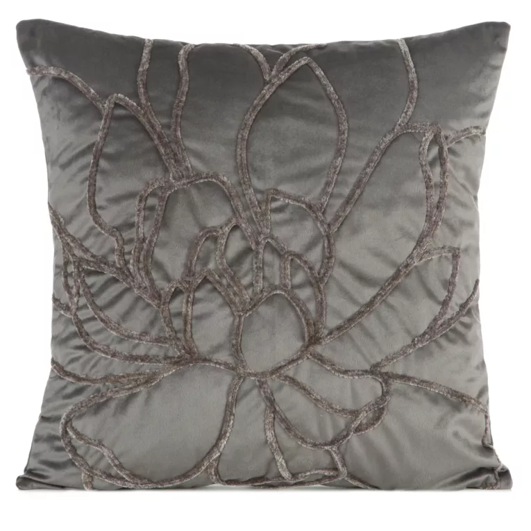Poszewka na poduszkę 45x45 cm welwetowa, stalowa zdobiona naszywanym wzorem SANDI