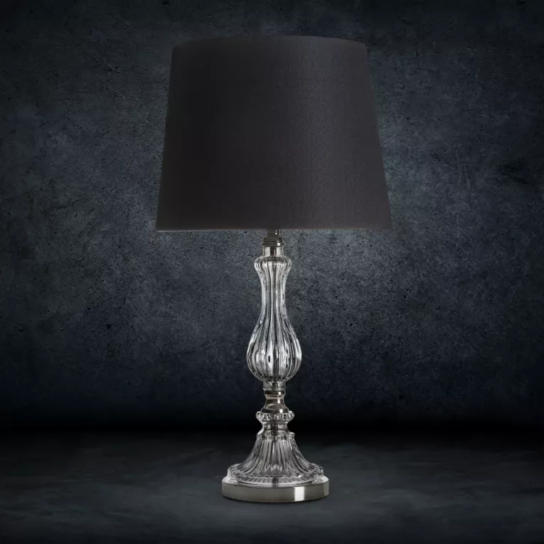 Lampa stołowa do salonu czarno, srebrna REMI z kryształową podstawą i matowym abażurem