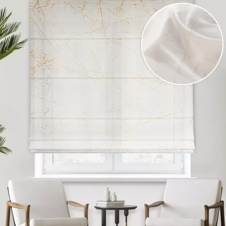 Roleta rzymska biało szampańska z szyfonowej tkaniny z błyszczącym nadrukiem
