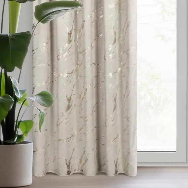 Zasłona welwetowa beżowo, złocista zdobiona marmurkiem 140x270 cm taśma - MOLLY
