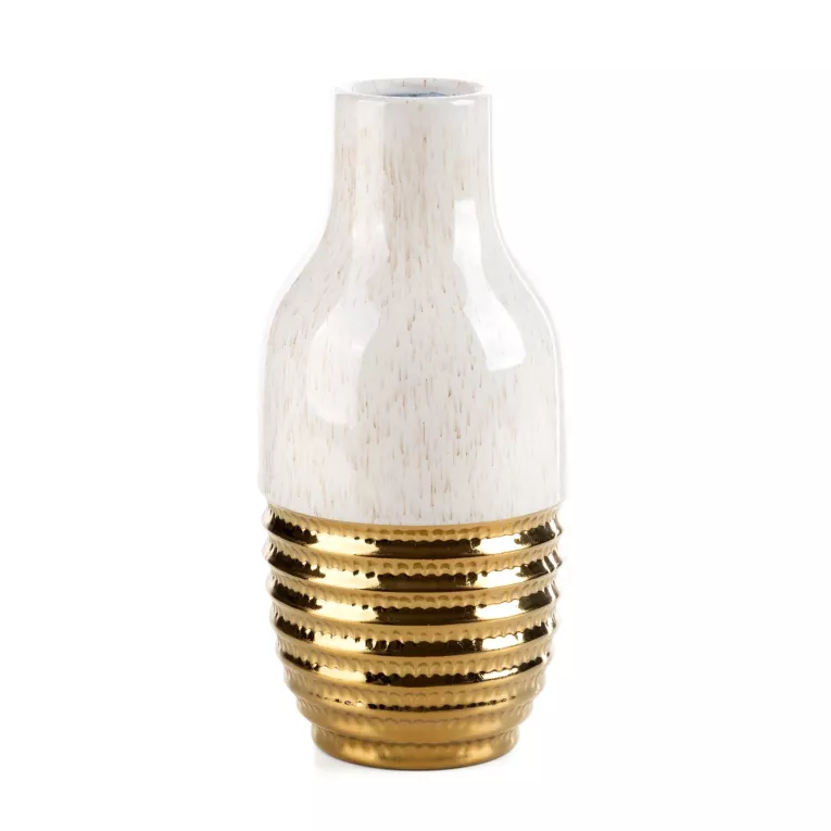 Wazon dekoracyjny łączący wytłaczany złoty wzór z gładką lśniącą powierzchnią