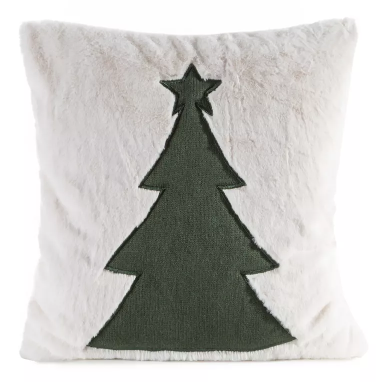 Poszewka na poduszkę 45x45 cm świąteczna z futerka kremowo zielona zdobiona aplikacją choinki FELIKS1