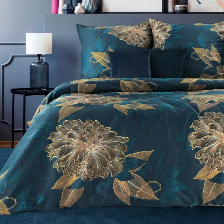 Pościel 160x200 cm bawełniana kolor ciemnoturkusowy, złoty w ozdobnym opakowaniu z motywem dużych kwiatów MOLLY