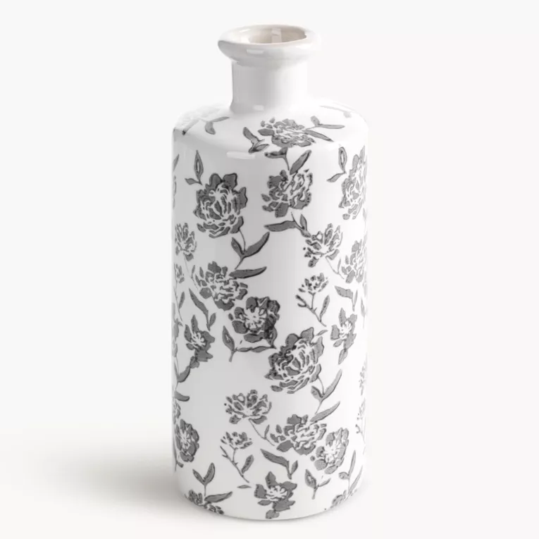 Wazon dekoracyjny biało, granatowa zdobiony roślinnym motywem 12x30 cm VIVIAN