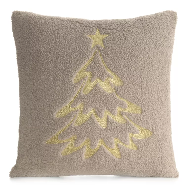 Poszewka na poduszkę 45x45 cm z tkaniny typu bukla beżowo, szampańska zdobiona haftowaną gwiazdą