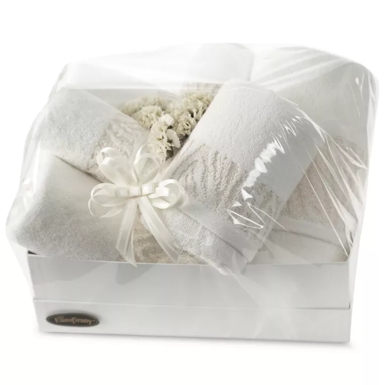 Zestaw ręczników bawełnianych na prezent 2 szt 30x50 cm, 2 szt 50x90 cm, 2 szt 70x140 cm kolor biały z błyszczącą bordiurą