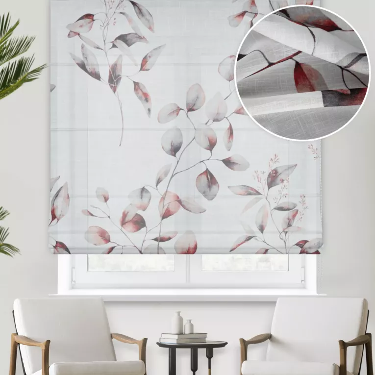 Roleta rzymska biało ceglasta z tkaniny typu ETAMINA z botanicznym nadrukiem, wykończona obciążnikiem