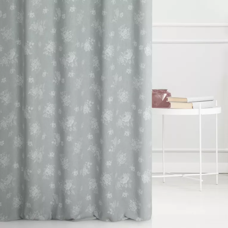 Zasłona szyta na taśmie 8 cm srebrno kremowa dwustronna, z wzorem w róże