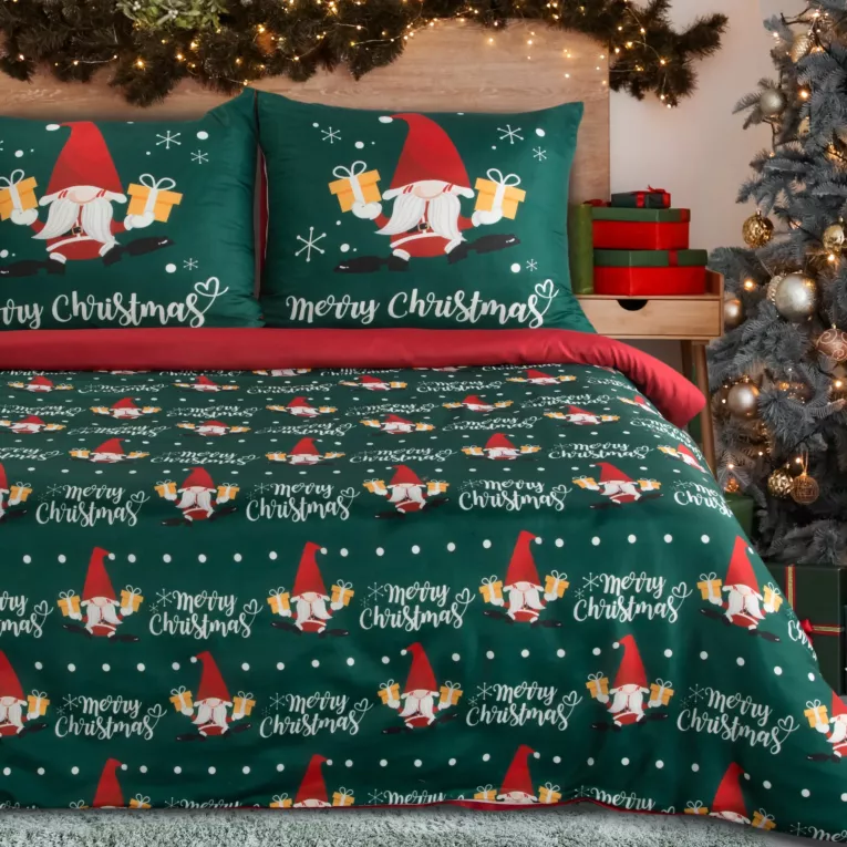 Pościel świąteczna 160x200 cm kolor zielony, czerwony zdobiona uroczym motywem skrzatów GALDOR
