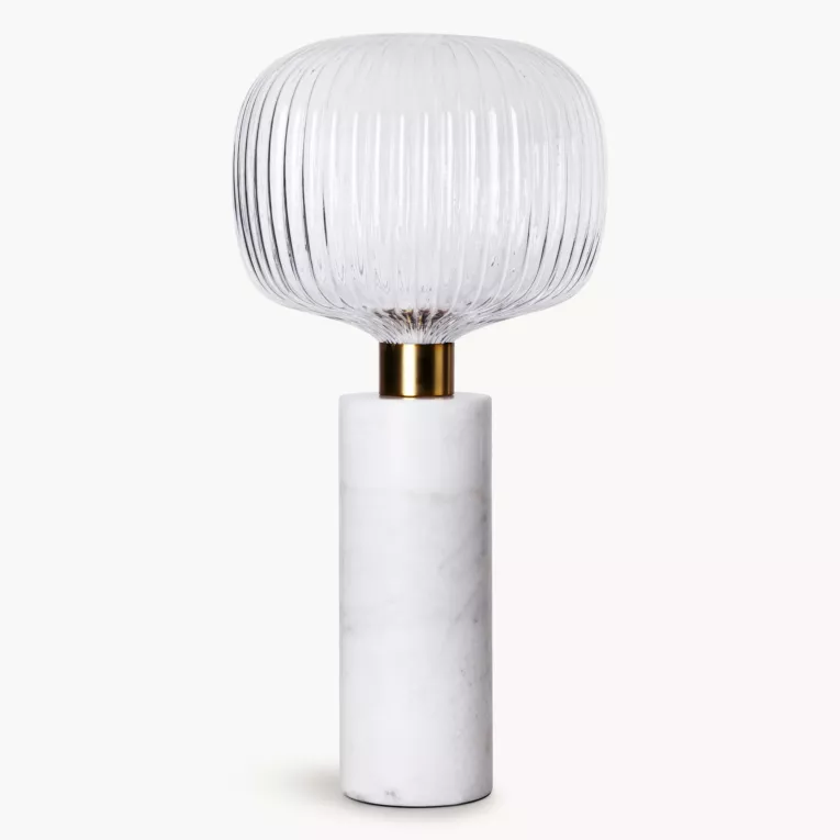 Lampa stołowa do salonu biało, złota LUKA o marmurowej podstawie i szklanym tłoczonym kloszem