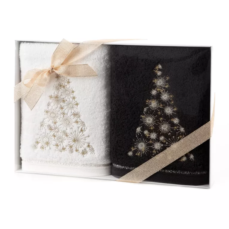 Zestaw ręczników światecznych bawełnianych 2 szt kolor biały,czarny 420 g/m2 JOY