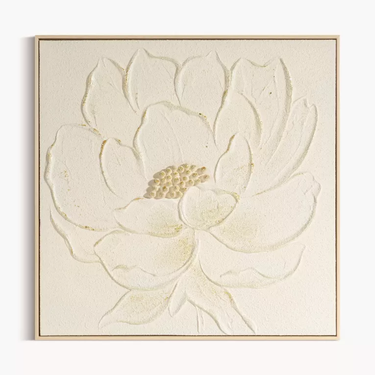 Obraz kremowo, zloty ręcznie malowany na płótnie z motywem kwiatów oprawiony w ramę 62x62 cm