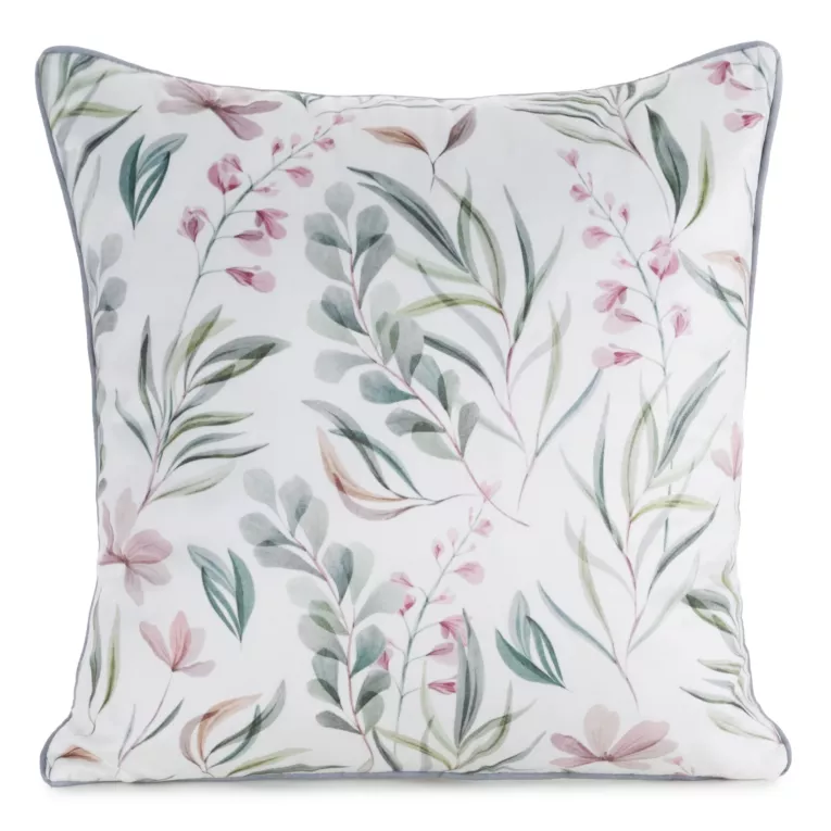 Poszewka na poduszkę 45x45 cm welwetowa, biało zielona z nadrukiem pastelowych kwiatów VELVET 149 Eurofirany Premium