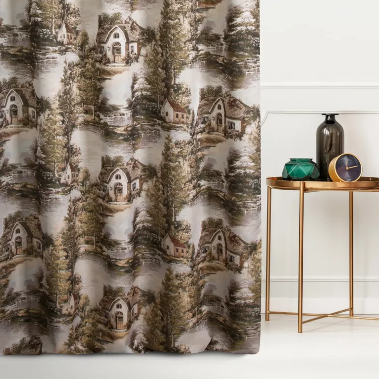 Zasłona szyta na taśmie 5 cm beżowo brązowa z tkaniny o rustykalnym wzorze Italissima Eva Minge