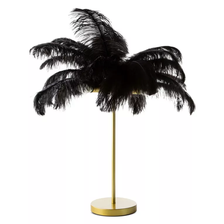 Lampa stołowa do salonu czarno, złota FERI na metalowej podstawie z niezwykle efektownym abażurem z naturalnych strusich piór