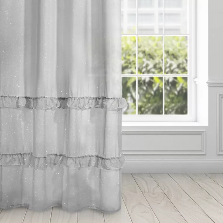 Firana szara z błyszczącą moherową nicią zdobiona falbanami 140x250 cm przelotka ARIANA DIVA LINE