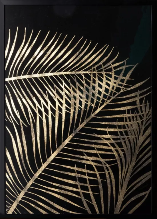 Obraz z nadrukiem błyszczących złotych liści w czarnej ramce