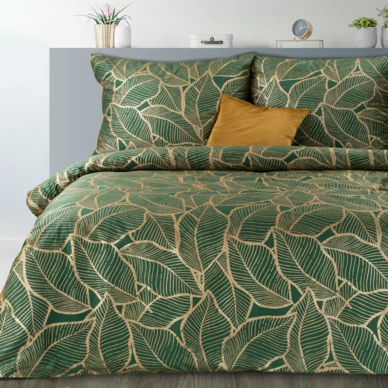 Pościel 160x200 cm bawełniana kolor ciemnozielony, złoty z metalicznym nadrukiem w eleganckim pudełku METALI 22