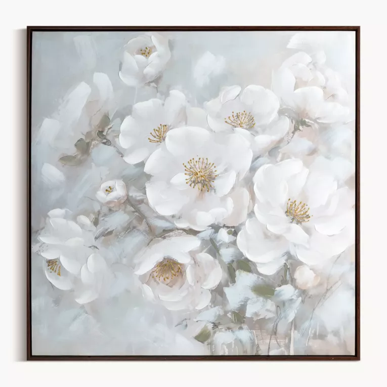 Obraz kremowo, błękitny ręcznie malowany w bukiet subtelnych kwiatów na płótnie 80x80 cm