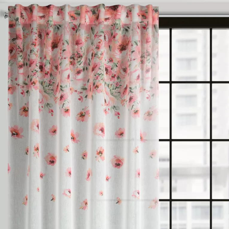 Zasłona biało, różowa z nadrukiem malowanych różowych kwiatów z etaminy 140x270 cm taśma /szelki - OLIWIA