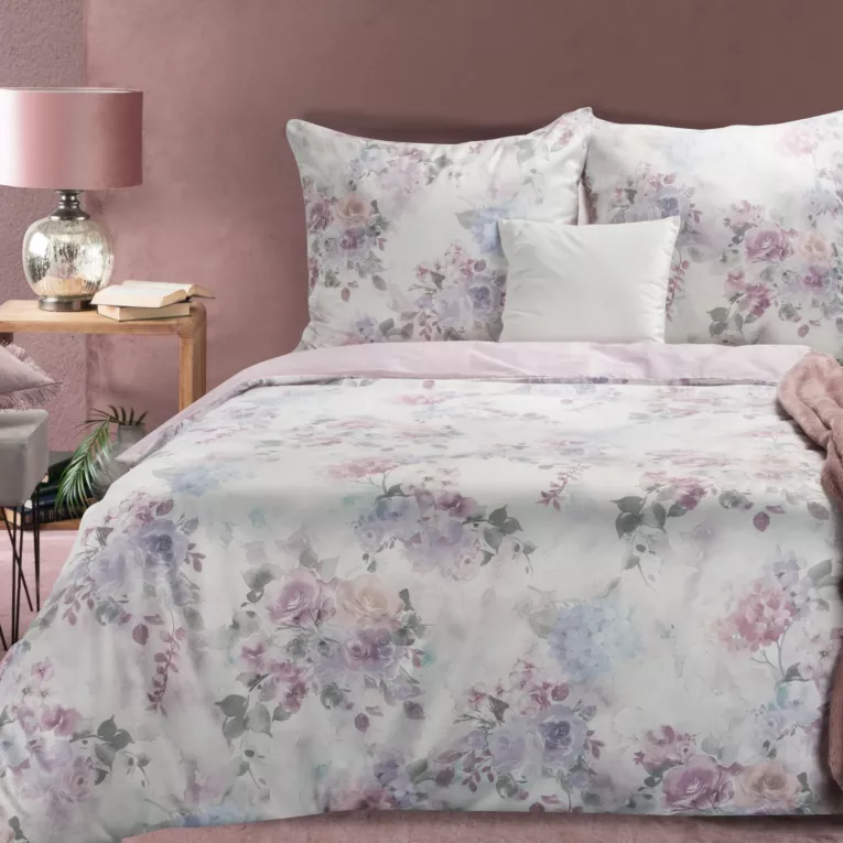 Pościel 220x200 cm bawełniana z domieszką kolor biały, jasnowrzosowy z wzorem piwonii ELLA