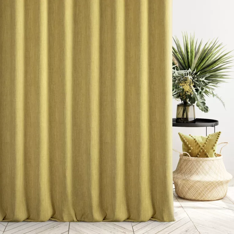 Zasłona szyta na taśmie 5 cm jasnozielona z tkaniny o naturalnym splocie z efektem melanżu