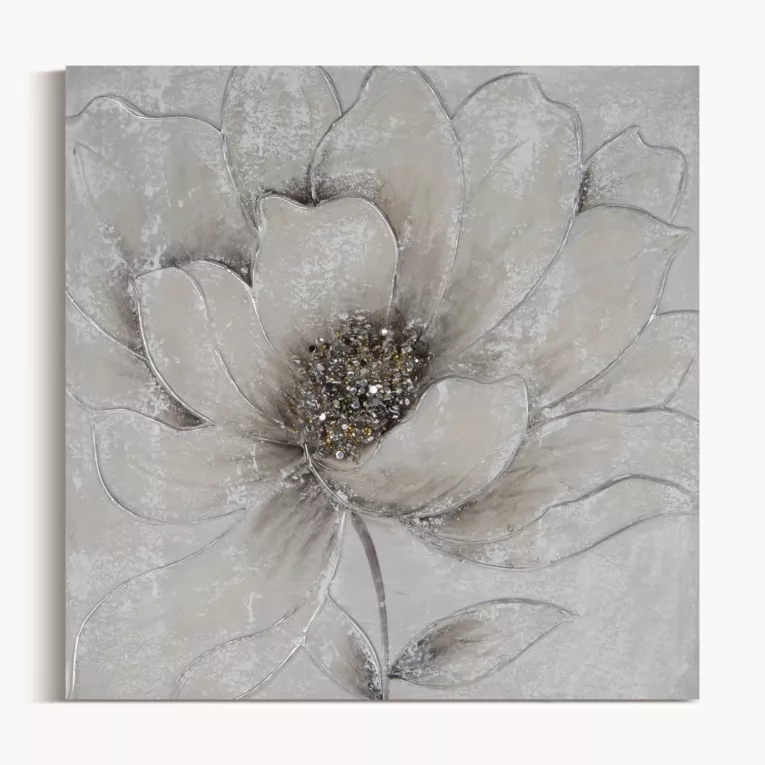 Obraz roślinny szaro, srebrzysty ręcznie malowany na płótnie kwiat z dodatkami cyrkonii 50x50 cm FLOWERY 2