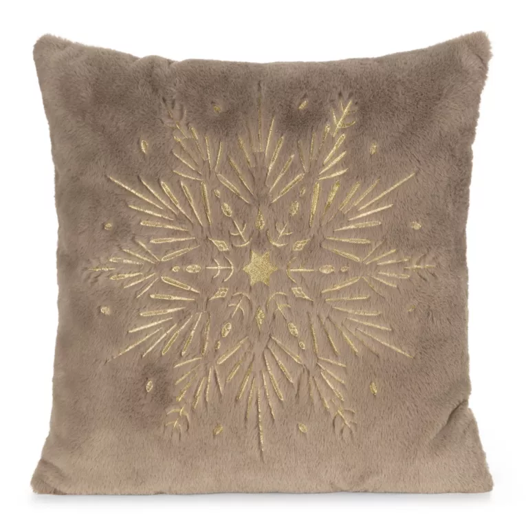 Poszewka na poduszkę świąteczna 45x45 cm jasnorązowo, szampańska z przyjemnego futerka zdobiona haftem śnieżynki