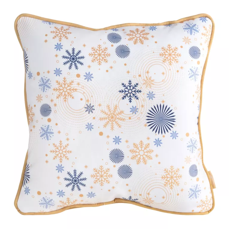 Poszewka na poduszkę 45x45 cm welwetowa kolor biały zdobiona nadrukiem ze śnieżynkami i wypustką na brzegach CAROL