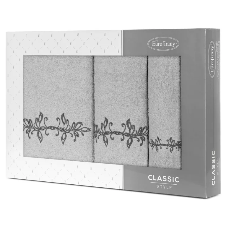Zestaw ręczników bawełnianych na prezent 3 szt kolor srebrny,grafitowy z haftem z motywem ornamentu roślinnego 380g/m2 KAMELIA