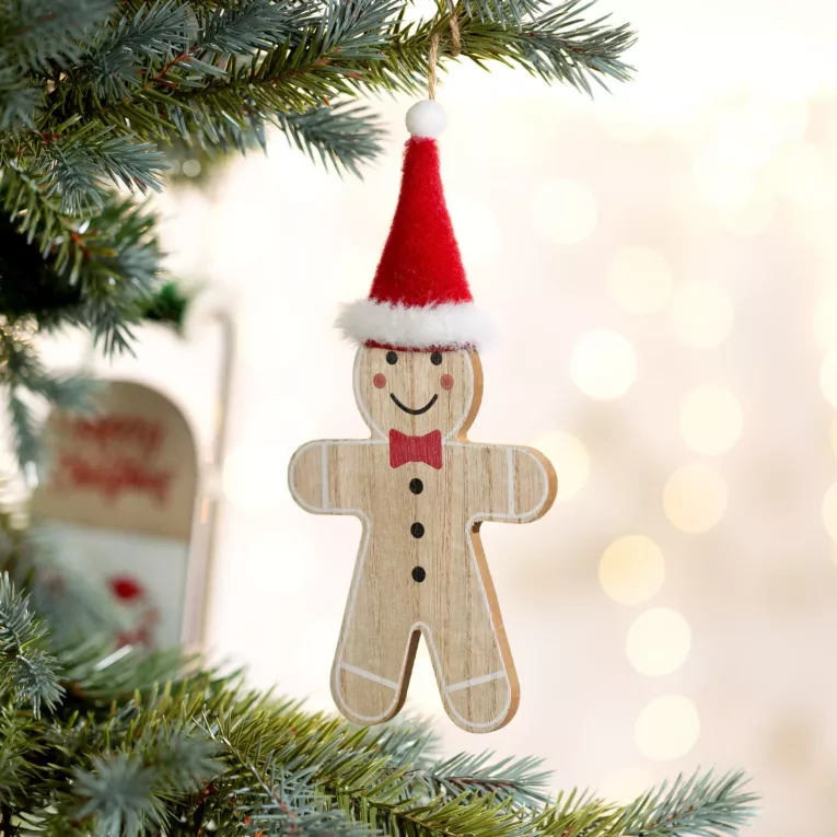 Ozdoba choinkowa w kształcie ludzika z piernika z czapeczką Mikołaja w stylu eko