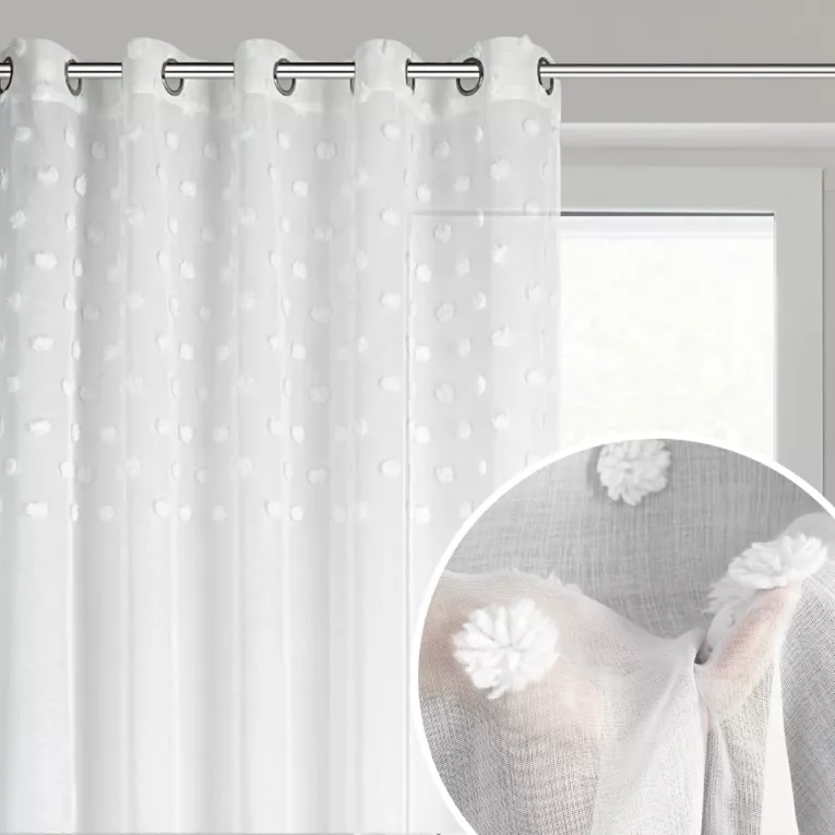 Dekoracja okienna biała zdobiona w górnej części trójwymiarowymi groszkami, półtransparentna 140x250 cm przelotka STELLA Design 91