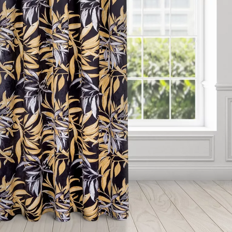 Zasłona welwetowa czarno, beżowa w stylu botanic 140x270 cm taśma - ZOJA - Pierre Cardin