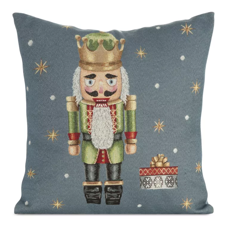 Poszewka na poduszkę 45x45 cm bawełniana , gobelinowa popielato zielona zdobiona wzorem dziadka do orzechów GOB