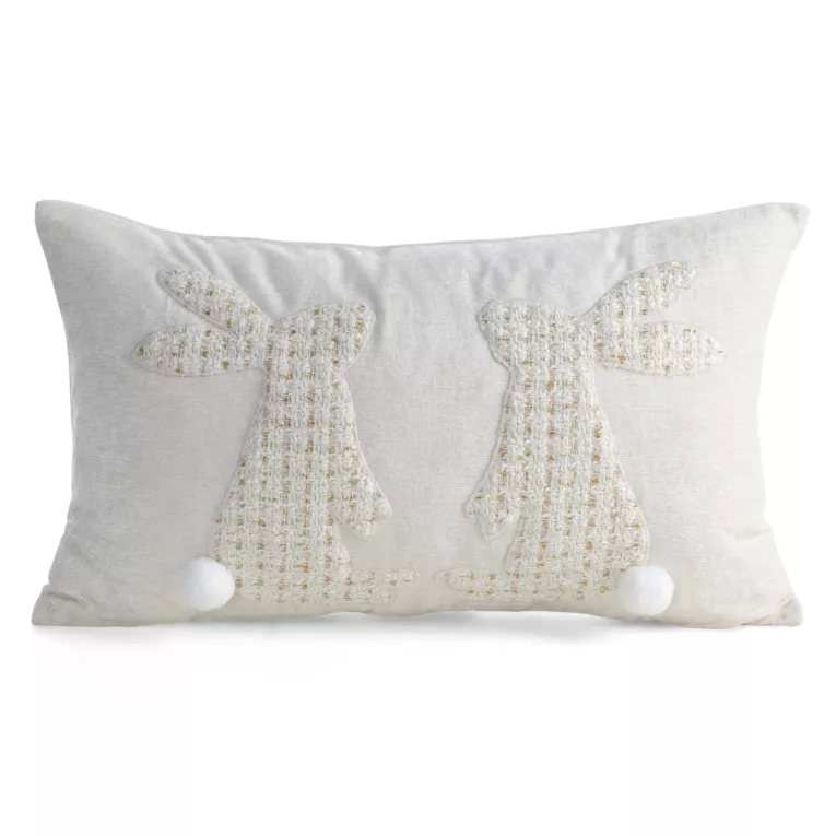 Wielkanocna poszewka na poszewkę 30x50 cm z szenilowej tkaniny kremowo, biała zdobiona aplikacją zajączków WIOSNA 152