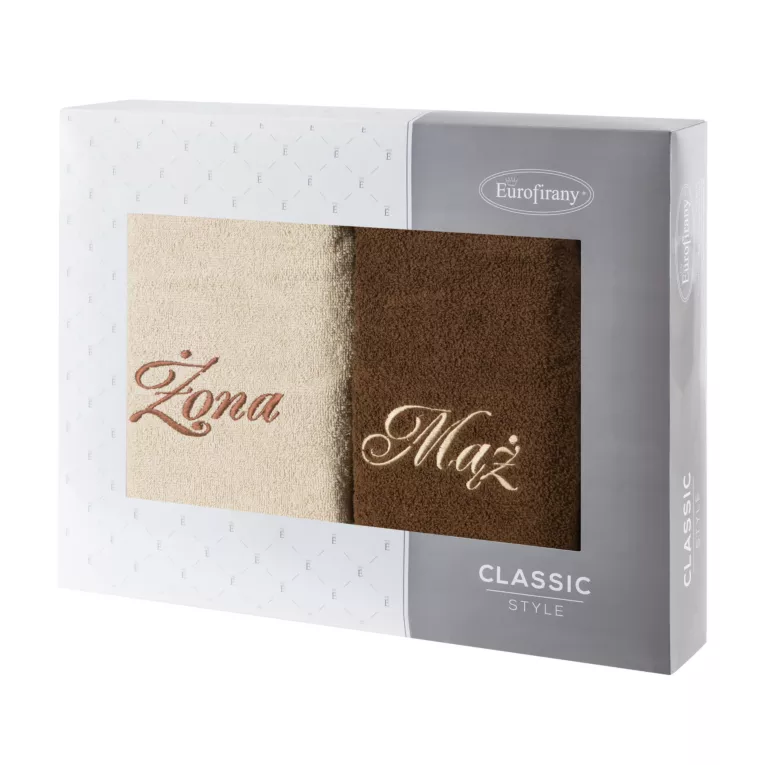 Zestaw ręczników bawełnianych na prezent 2 szt 50x90 cm z haftem Żona i Mąż kolor beżowy,brązowy 400 g/m2