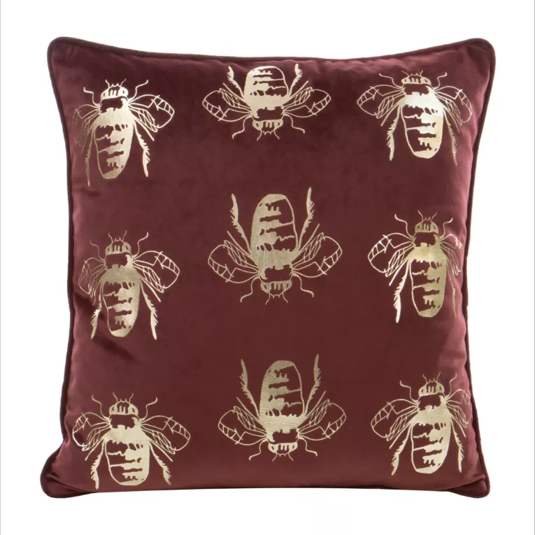 Poszewka na poduszkę 45x45 cm welwetowa kolor ciemnobordowy złocisty z motywem pszczół BILNK