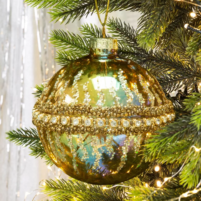 Bombka szklana ręcznie zdobiona brokatowym wzorem, kryształkami i drobnymi koralikami