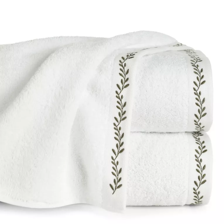 Ręcznik do rąk 30x50 cm bawełniany kolor biało, oliwkowy zdobiony haftowaną bordiurą 500 g/m2 SELENE