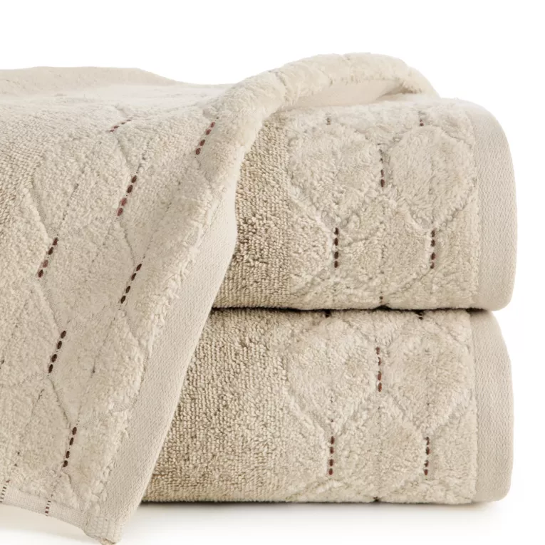 Ręcznik kąpielowy 50x90 cm bawełniany kolor beżowy z welwetową geometryczną bordiurą 500 g/m2 LUMIA